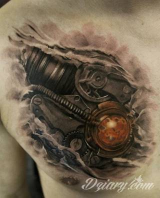 Tatuaże biomechaniczne tworzące swoisty przekrój człowieka. Rozbudzają wyobraźnię pokazując, że pod skórą kryją się nie tylko narządy, ale części mechaniczne. Tatuaże w takiej formie nawiązują trójwymiarem do wizji humanoida - ludzkiego robota. 