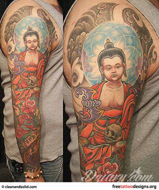 Tatuaże z wizerunkiem Buddy - połączenie pogłębionej symboliki i atrakcyjnej kolorystyki. Wzory o wszechstronnym zastosowaniu: zarówno niewielkie formaty na kończyny jak i wzory dostosowane do większych fragmentów ciała.