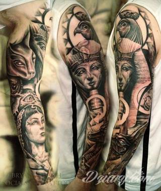 Tatuaże egipskie nawiązują do faraonów, piramid, wizerunku Sfinksa i starożytnych masek oraz symboli. Przekazują ukrytą we wzorze wiadomość tylko dla wtajemniczonych tworząc prawdziwy egipski sekret na skórze. 