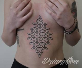 Tatuaże geometryczne niepokojąco kuszące wzrok. Łączą prostą formę opartą na kilku kształtach jak i duże formaty o spójnej kompozycji graficznej stworzonej z niewielkich symboli.  