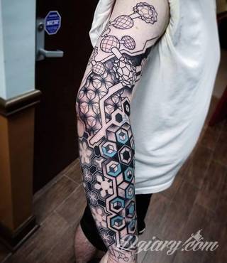 Tatuaże geometryczne niepokojąco kuszące wzrok. Łączą prostą formę opartą na kilku kształtach jak i duże formaty o spójnej kompozycji graficznej stworzonej z niewielkich symboli.  