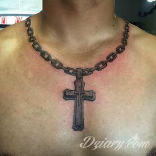 Tatuaże podkreślające nie tylko przywiązanie do religii. Krzyże o różnej formie - od cienkich po potężne; stylizowane na drewno jak i krzyże o metalicznej postaci czasami podkreślone dodatkowym łańcuchem. 