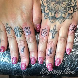 Niewielkie tatuaże na ręce. Formaty skromne i pozbawione akcentów kolorystycznych oraz rozbudowane kształty grafik, które zajmują duże fragmenty dłoni i wykorzystują palce jako np. fragmenty obrazu. 