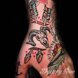 Niewielkie tatuaże na ręce. Formaty skromne i pozbawione akcentów kolorystycznych oraz rozbudowane kształty grafik, które zajmują duże fragmenty dłoni i wykorzystują palce jako np. fragmenty obrazu. 