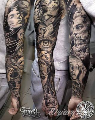 Niesamowite w swojej formie tatuaże-rękawy zajmują cała powierzchnię ramiona i przedramiona. Tworzą jednolitą zdobiącą ciało całość. Taki graficzny rękaw na skórze to tatuaż szczególnie ciekawy w przypadku aktywnych, silnych mężczyzn. 