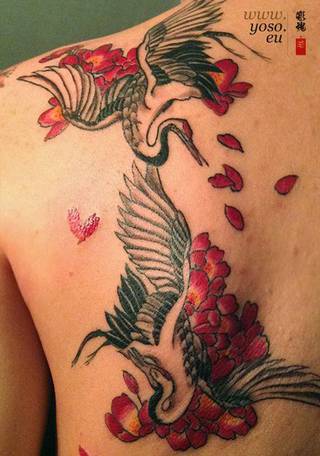 Obraz łabędzi spowitych w czerwonych kwiatach na plecach.