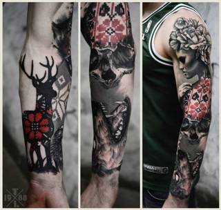 Rękaw z jeleniem, wizerunkiem kobiety, czaszką i wzorami tradycyjnymi.