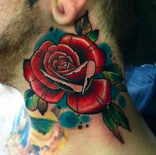 Rose neck tattoo by Chris Byrne, Bournemouth, England, UK. Photo from Instagram @byrnie84.