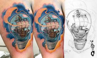 Statek w żarówce - oryginalny motyw wykonany przez Meffa ze studia Speak In Color! https://www.facebook.com/SpeakInColorTattoo