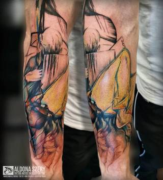 Tatuaż abstrakcyjny, wykonany przez Aldonę, na podstawie obrazu Iris Schomaker "J. (Reading)", 2013.