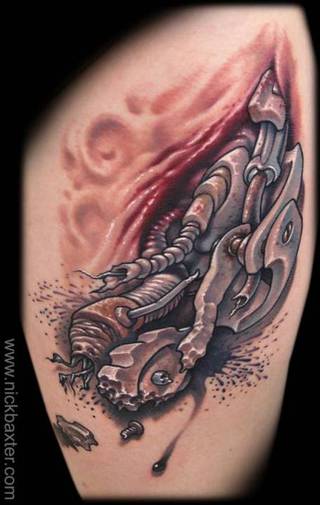 Zakrwawiony mechanizm wychodzący z nogi.